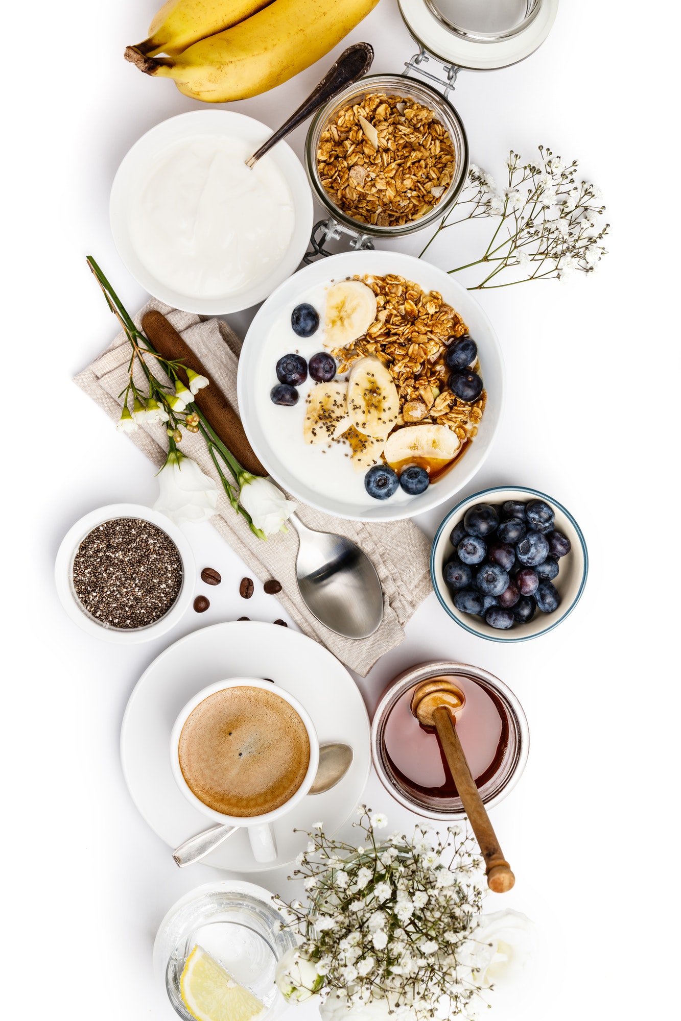 Healthy breakfast set on white background, top view, copy space